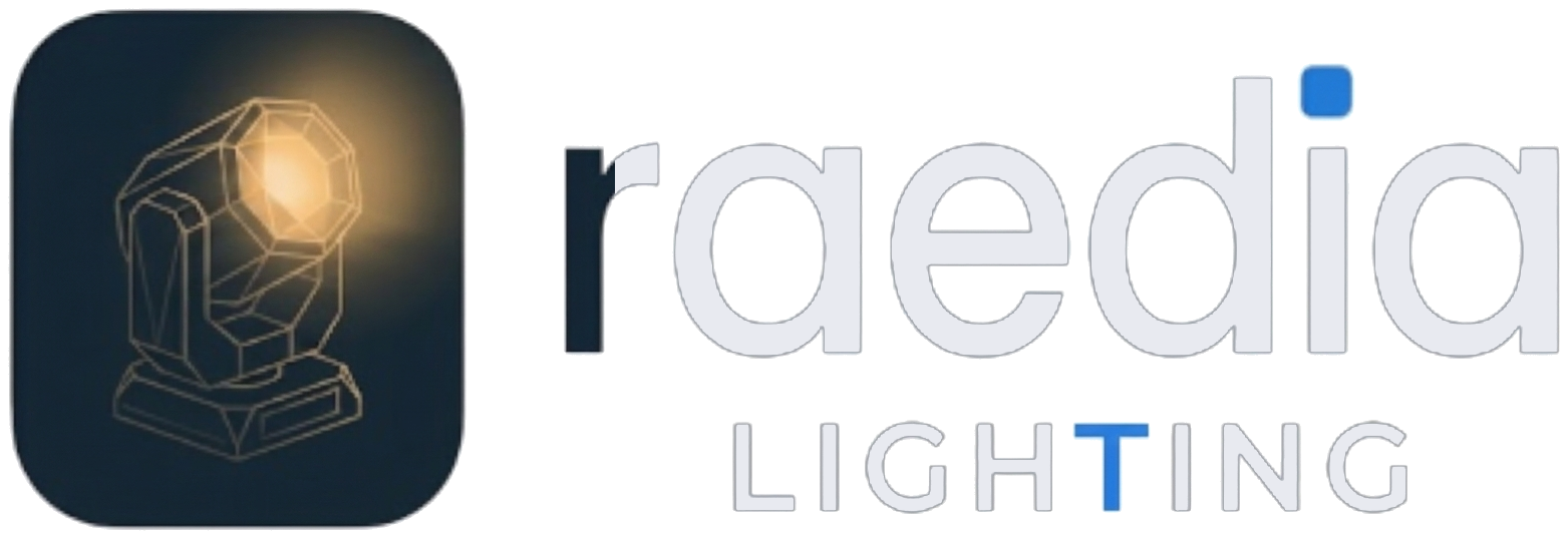 Moving-head fixture and the words raedia LIGHTING