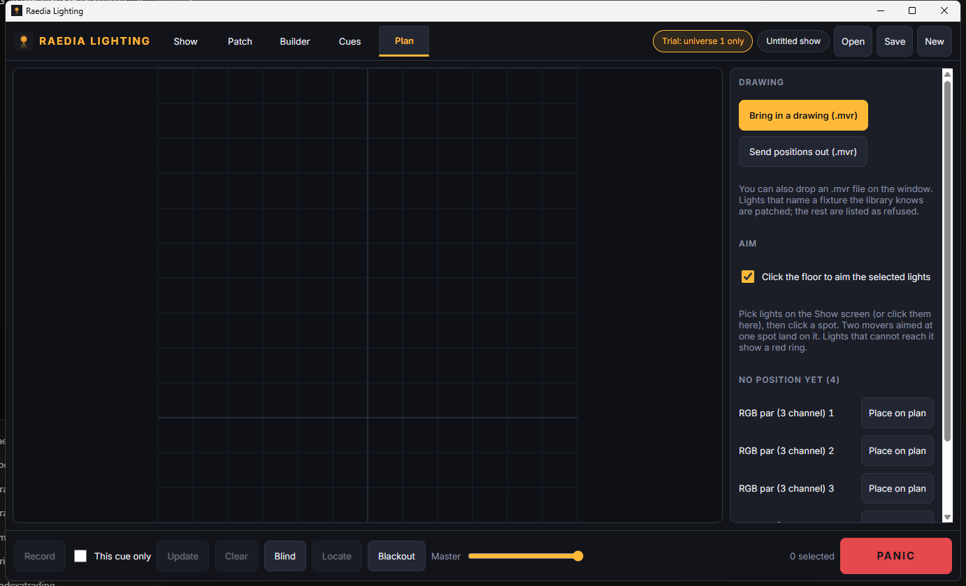 Raedia Lighting running on Windows, Plan screen with the floor grid and Place on plan